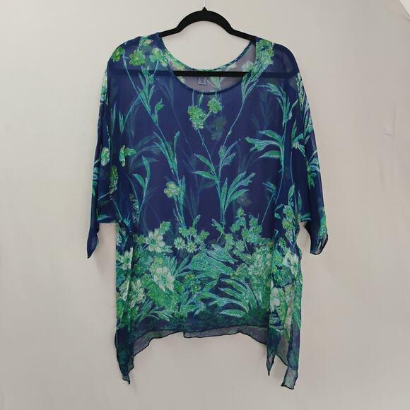 Coldwater Creek Silk Tunic Coverup Sheer Blouse Artsy Floral Side Slits S/M - Picture 1 of 8